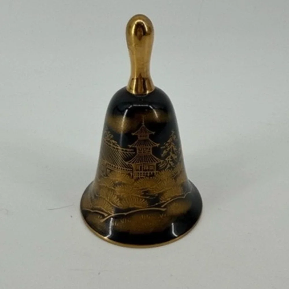 Shibata Japan Porcelain Bell Black Gold Pagoda Landscape Vintage 4 inch